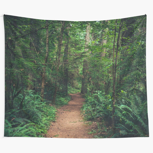 Tapestry artwork depicting a mossy, fern-covered forest path