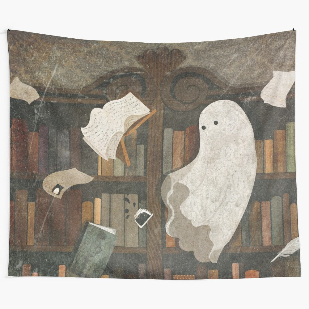 Tapestry featuring a ghostly figure in an abandoned library