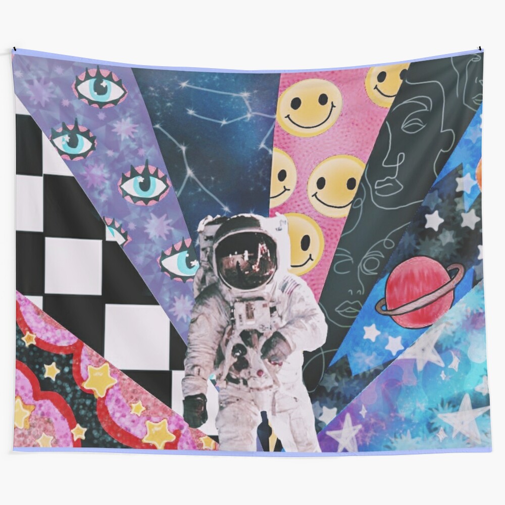 Colorful tapestry featuring an astronaut surrounded by planets, stars, and cosmic elements