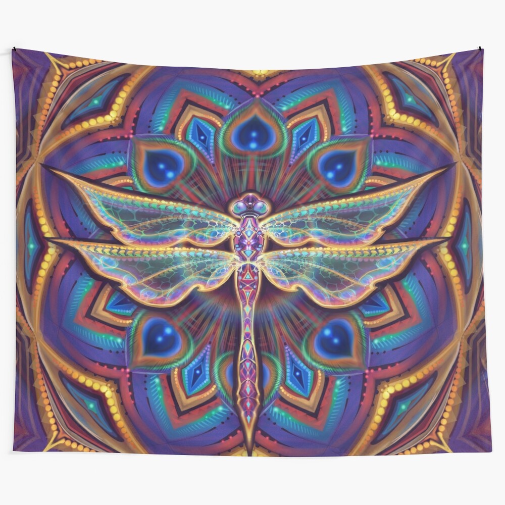 Mystical dragonfly mandala tapestry featuring visionary art for meditation and spiritual awakening