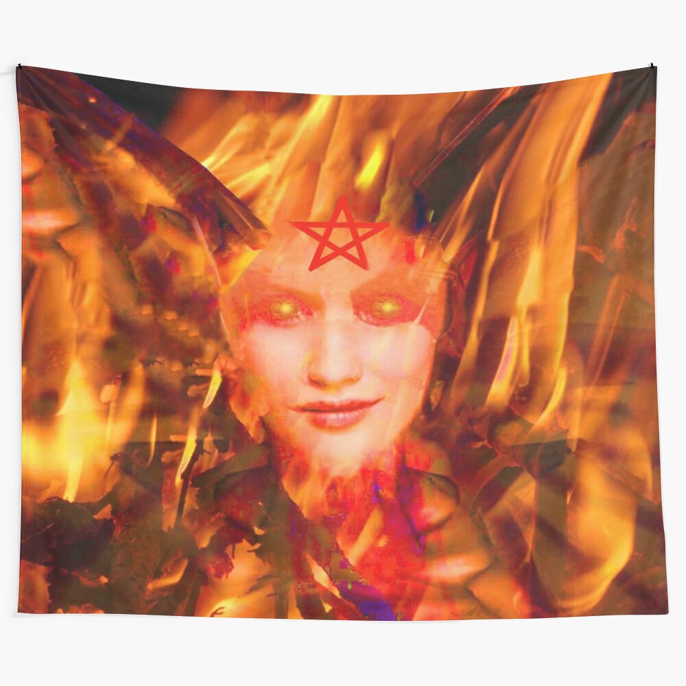 Vibrant fire demon tapestry with abstract, colorful patterns