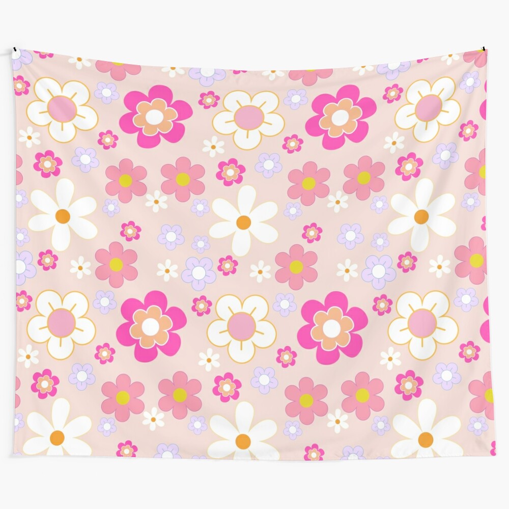 Colorful floral tapestry with a 1970s flower power design, perfect for a mom's bedroom or living room.