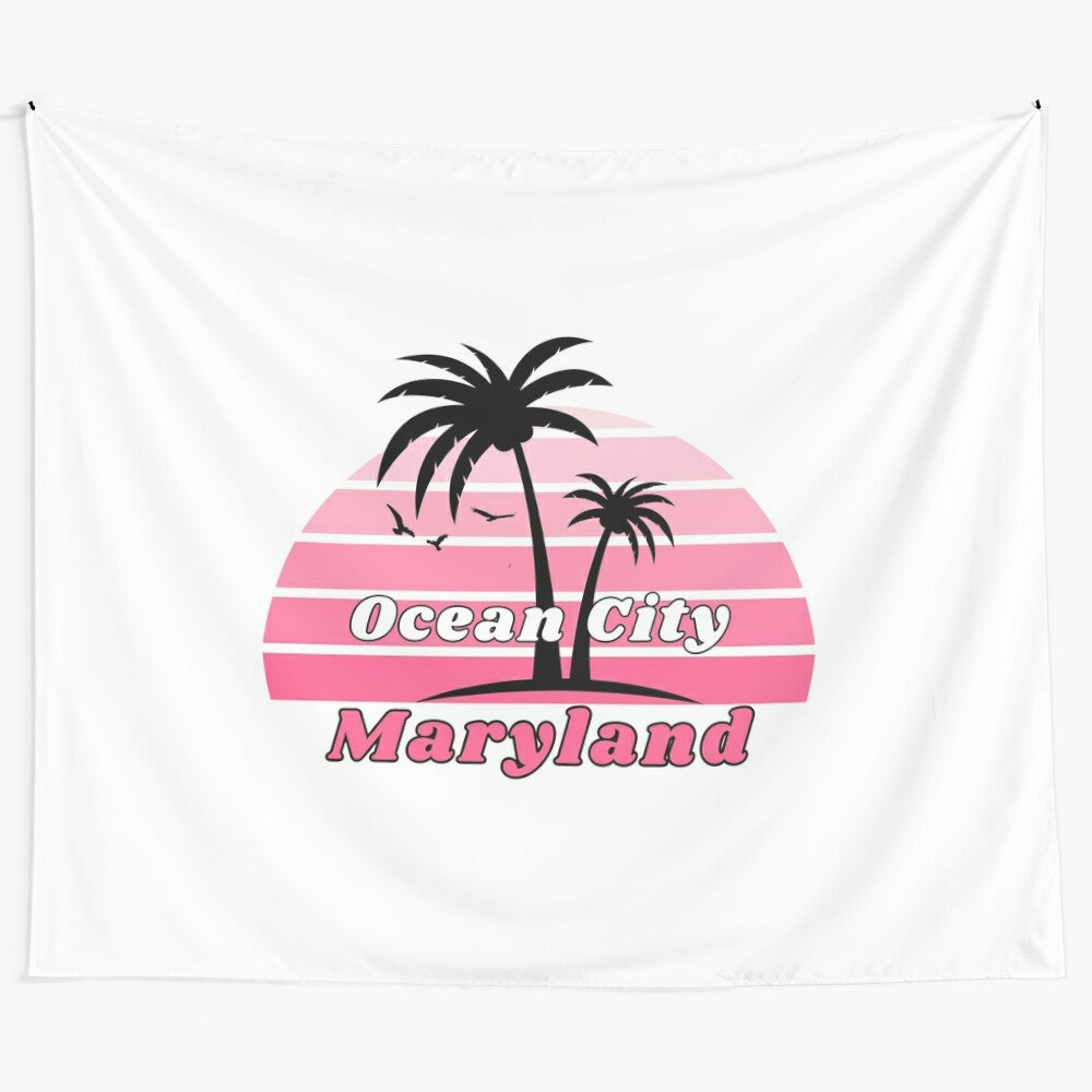 Retro beach tapestry with palm tree and sunset over the ocean in Ocean City, Maryland