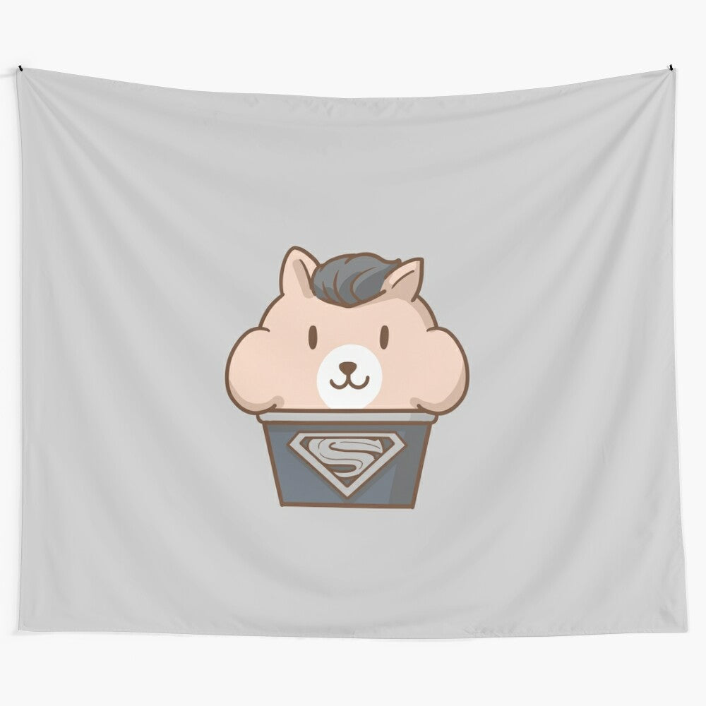 Cute muffin-themed superhero cosplay tapestry