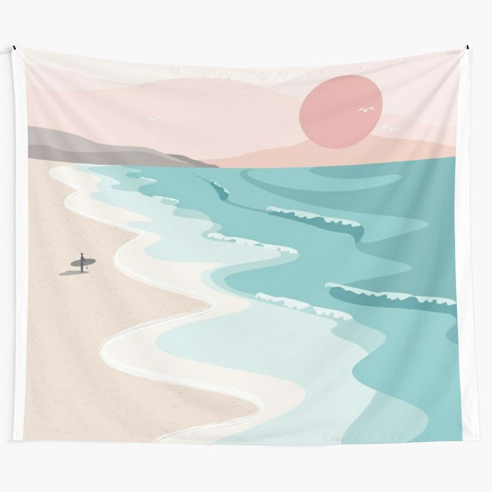 Golden hour tapestry featuring a serene beach scene with sunset colors and ocean waves