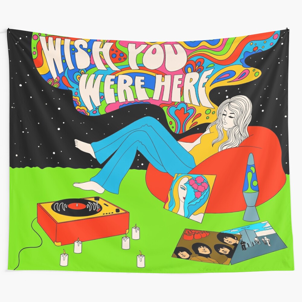 Retro psychedelic tapestry featuring vibrant colors and a groovy vinyl record design