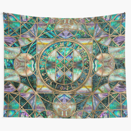 Abalone shell tapestry featuring the Web of Wyrd, a symbol of Norse mythology