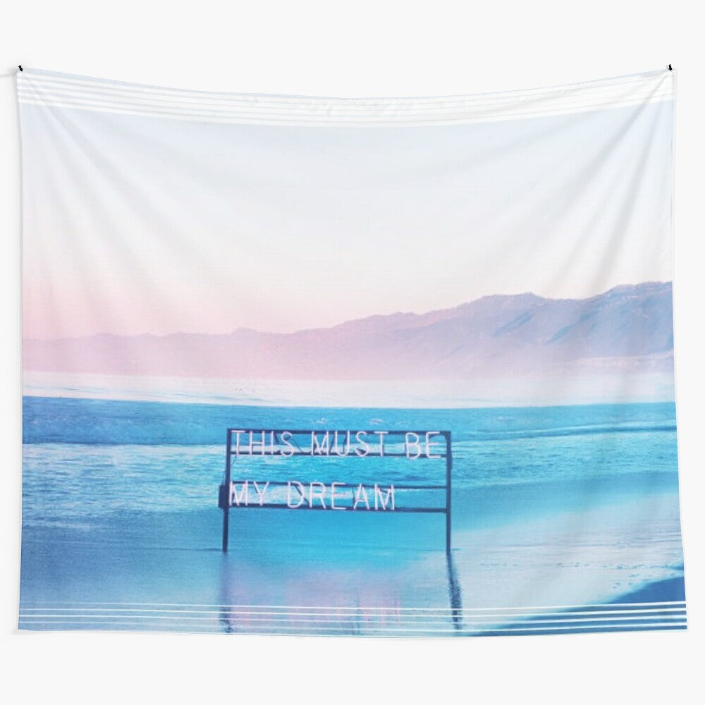 Tropical watercolor tapestry with palm trees, waves, and neon sign