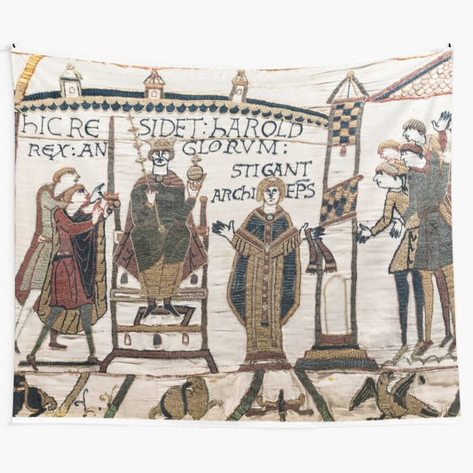 Detailed reproduction of the Bayeux Tapestry depicting the coronation of King Harold