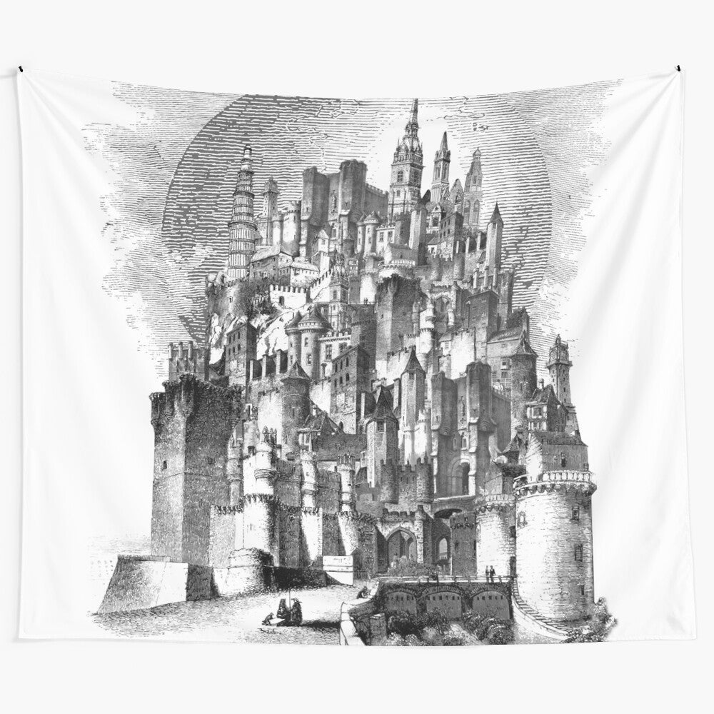 Gormenghast Castle tapestry featuring gothic fantasy artwork inspired by Mervyn Peake's Gormenghast series