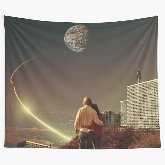 Collage art tapestry featuring a couple in a futuristic, surreal space scene