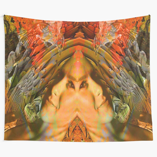 Whimsical woodland fantasy tapestry featuring abstract patterns and nature-inspired designs