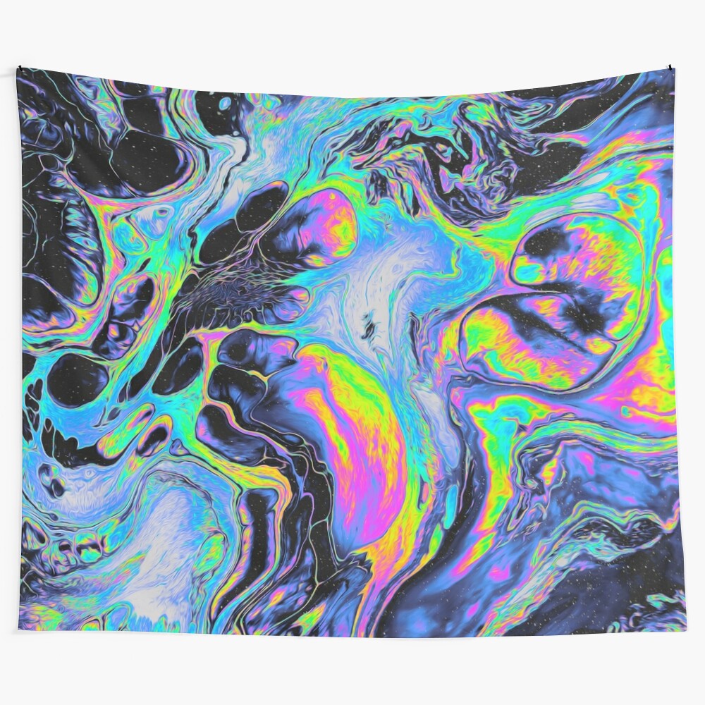 Vibrant digital abstract tapestry art with fluid shapes, psychedelic patterns, and iridescent colors