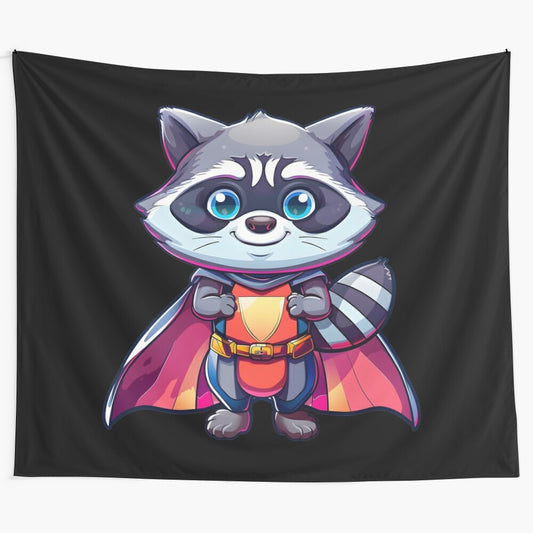 Colorful tapestry featuring a cute, cartoon raccoon superhero