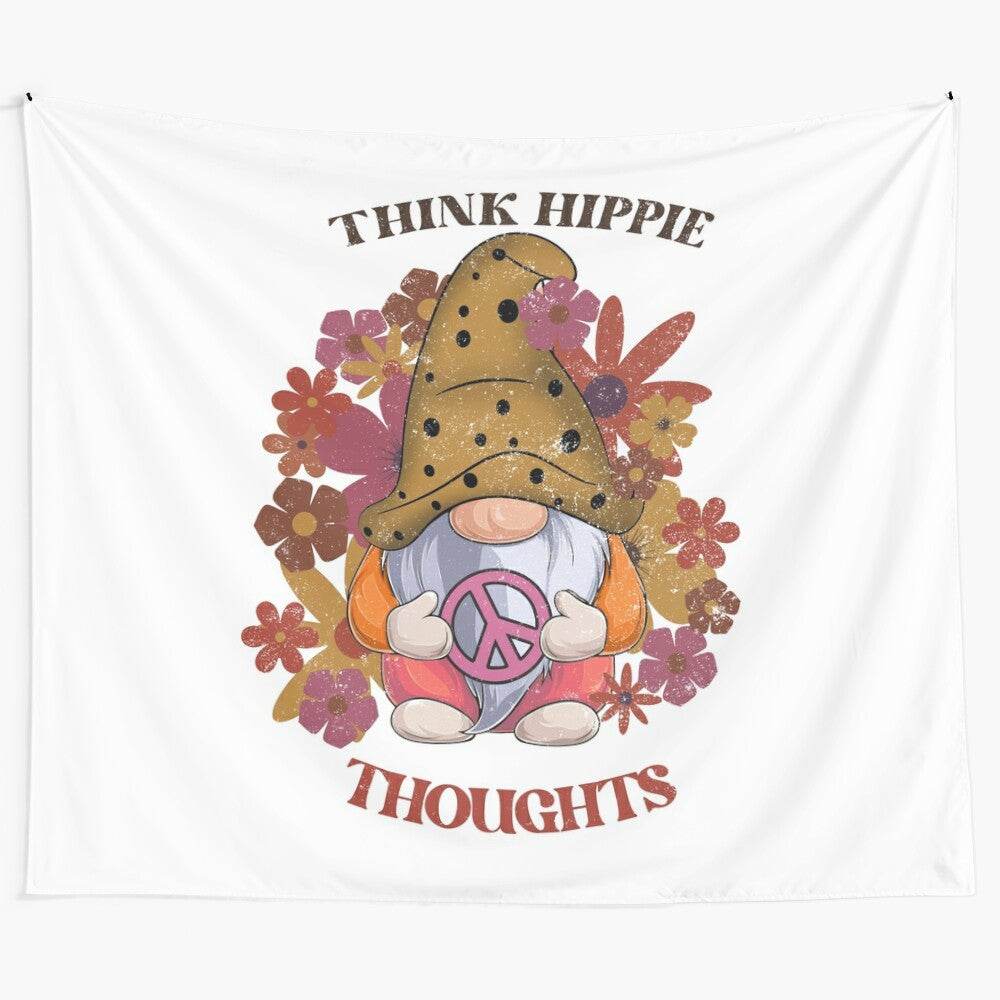 Colorful hippie-themed tapestry featuring a whimsical gnome design