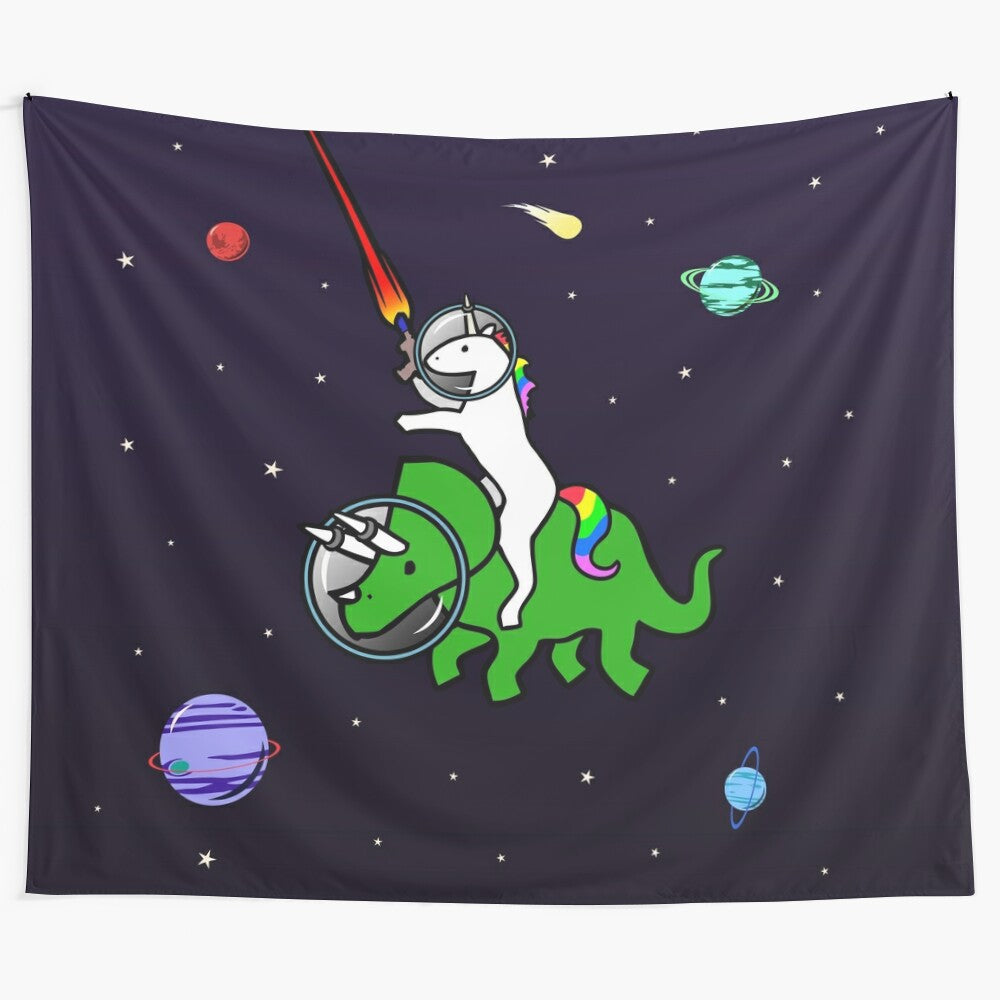 Unicorn riding a triceratops through a starry galaxy with planets and comets