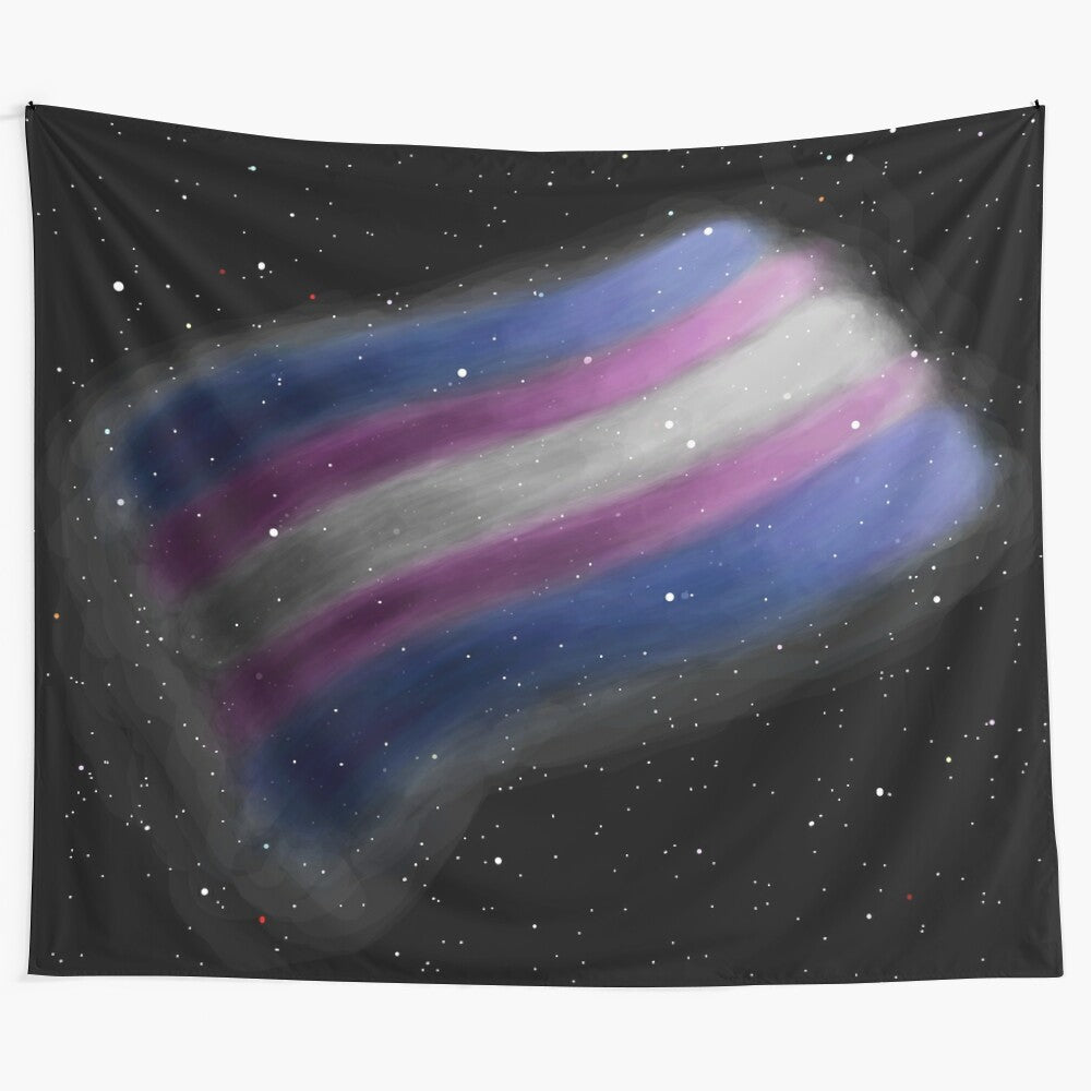 Cosmic transgender pride flag tapestry featuring a starry night sky background