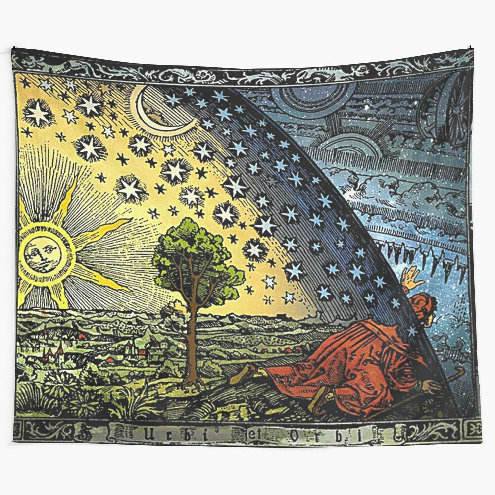 Flammarion engraving inspired tapestry depicting the cosmos and ancient cosmological beliefs