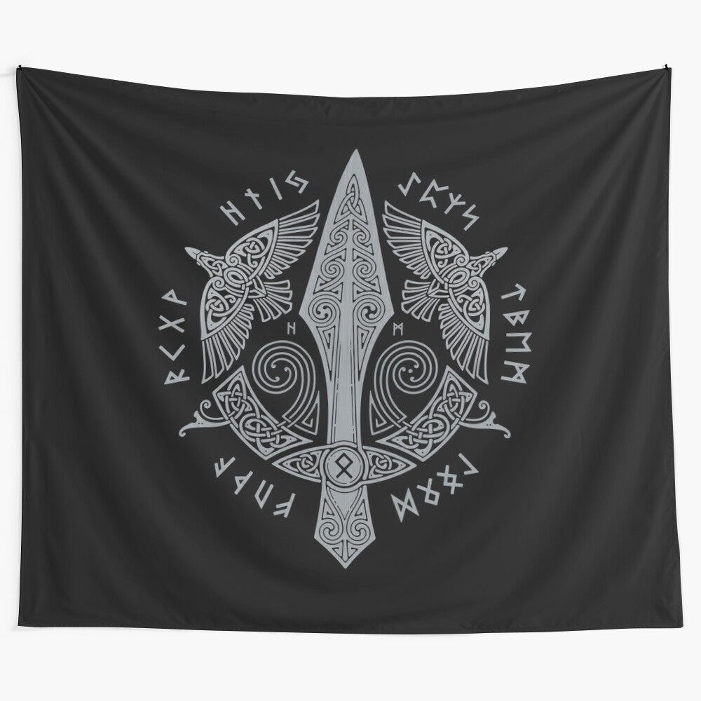 Gungnir tapestry featuring Odin's spear and ravens Hugin and Munin in Scandinavian/Norse style