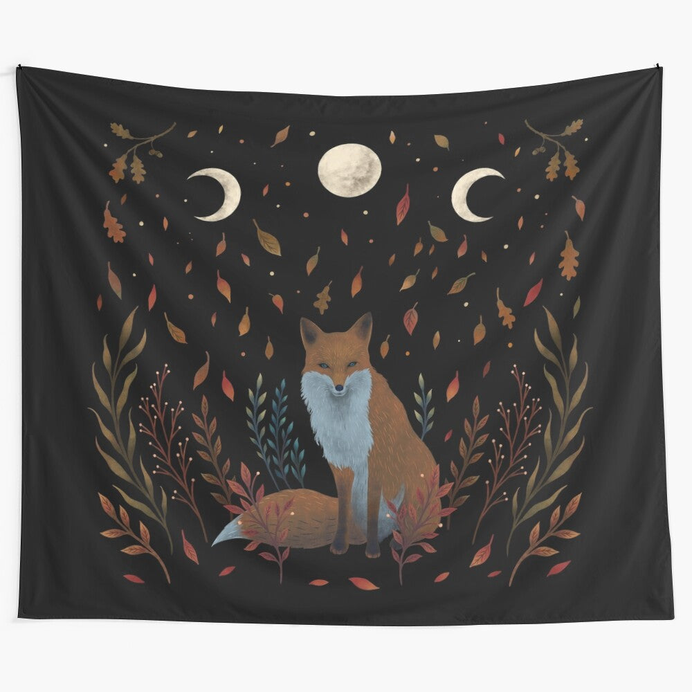 Autumn fox tapestry with moon and flowers in a night garden setting