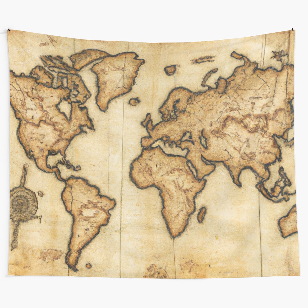 Antique-style world map tapestry with a timeless, ancient design