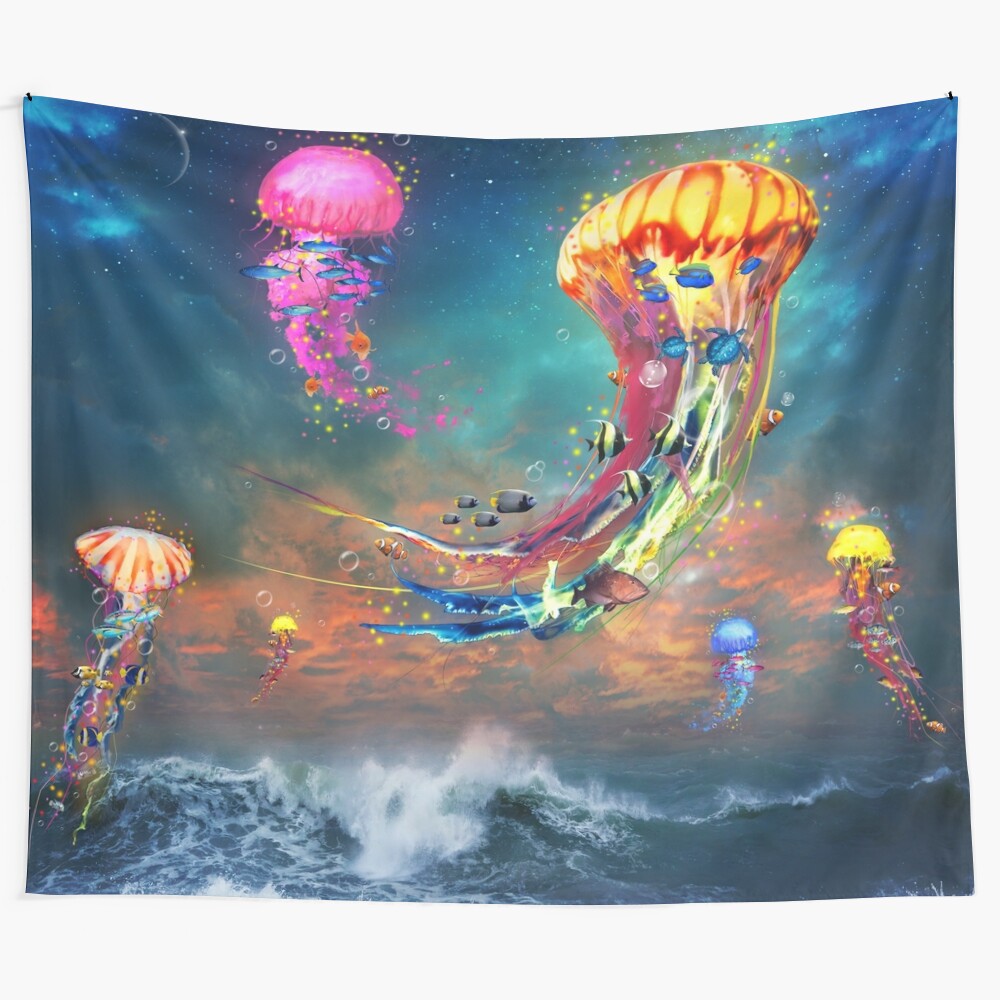 Jellyfish tapestry featuring vibrant neon colors, floating creatures, and a cosmic, fantasy-inspired design