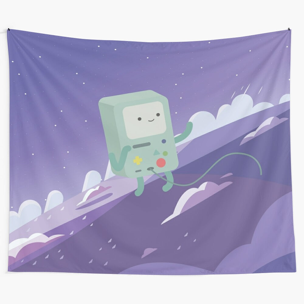 Vibrant floating BMO from Adventure Time cartoon character tapestry wall hanging