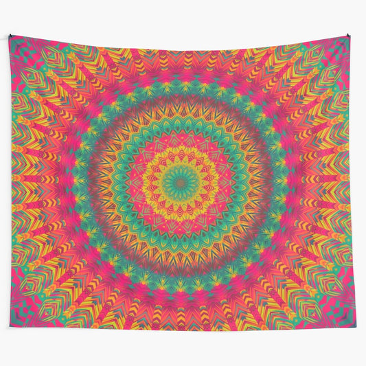 Colorful mandala tapestry with sacred geometry design