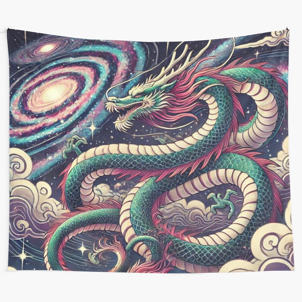 Cosmic dragon in a galaxy, mythical space art tapestry for home decor