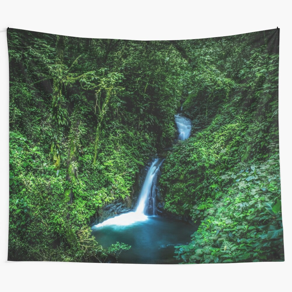 Jungle Waterfall Tapestry featuring a scenic tropical landscape with cascading waterfalls and lush foliage