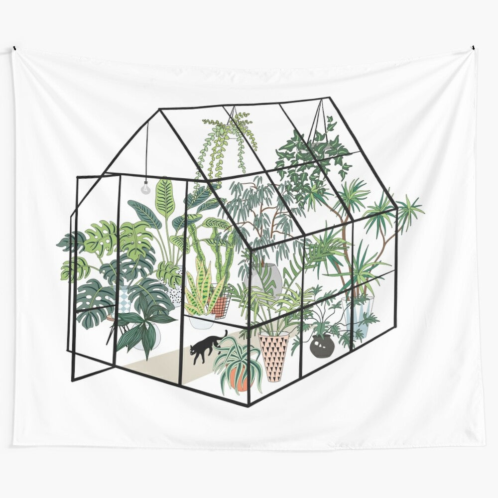 Greenhouse tapestry with a variety of indoor plants and greenery