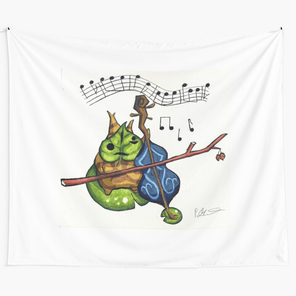 Zelda-inspired tapestry featuring Makar the Korok playing his leaf instrument