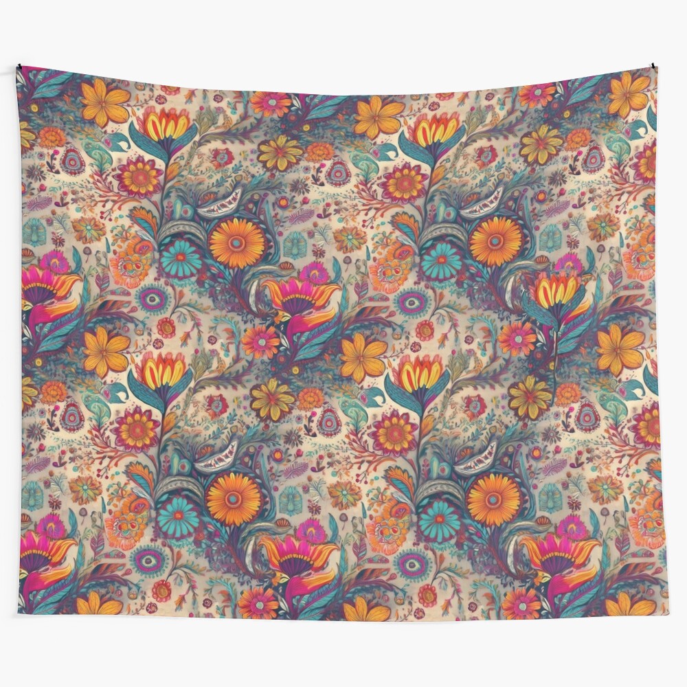 Retro hippie flower power tapestry with vibrant colors and bohemian patterns