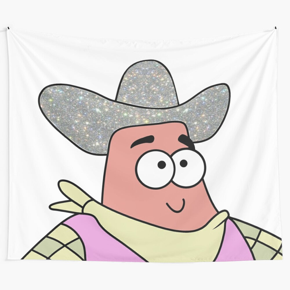 Spongebob-inspired tapestry with Patrick Star wearing a pink sparkly cowboy hat