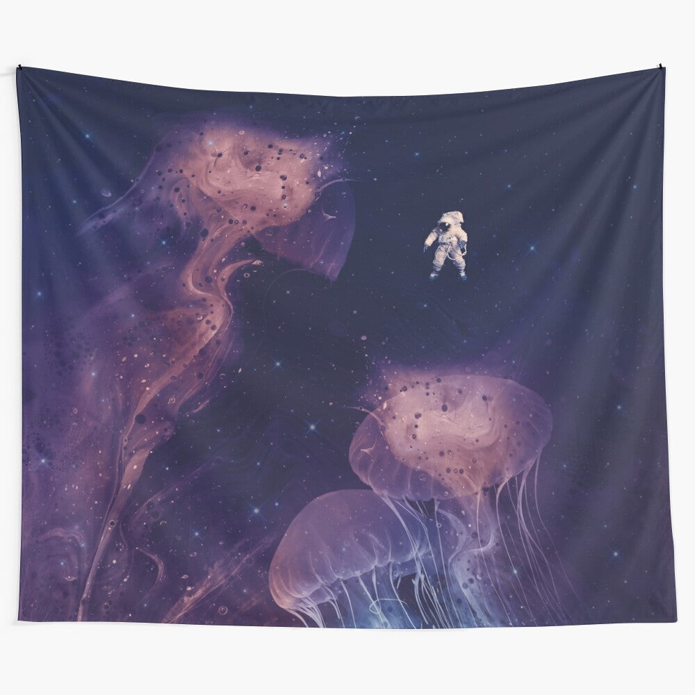 Cosmic tapestry with astronaut, stars, and surreal jellyfish-like formations