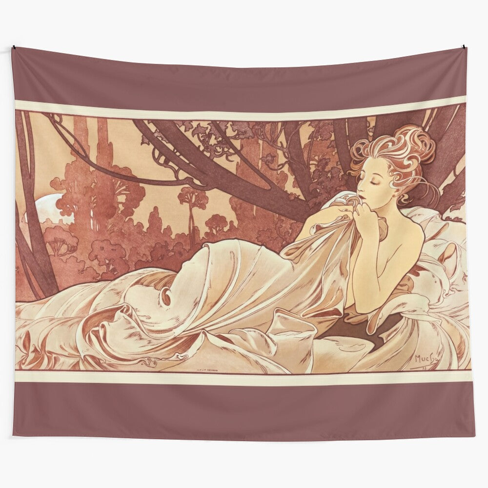 Alphonse Mucha-inspired "Dusk" tapestry featuring a woman in an art nouveau style