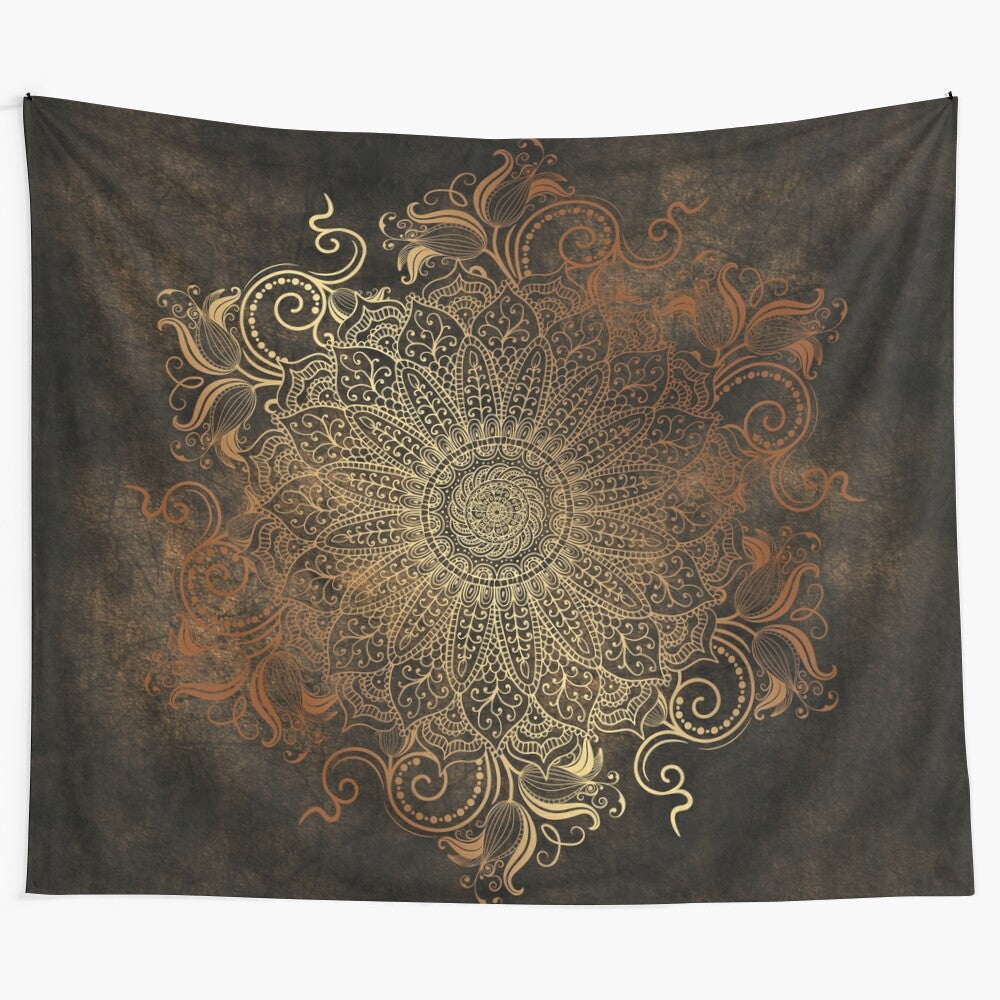 Copper-colored mandala pattern tapestry with abstract nature-inspired design