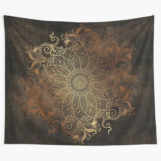 Copper-colored mandala pattern tapestry with abstract nature-inspired design