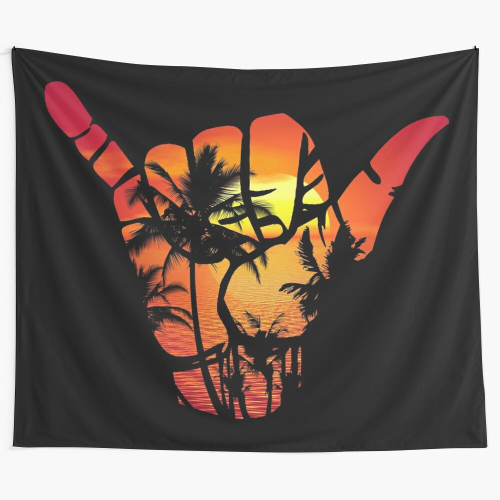 Vibrant tropical sunset tapestry with hang loose hand symbol