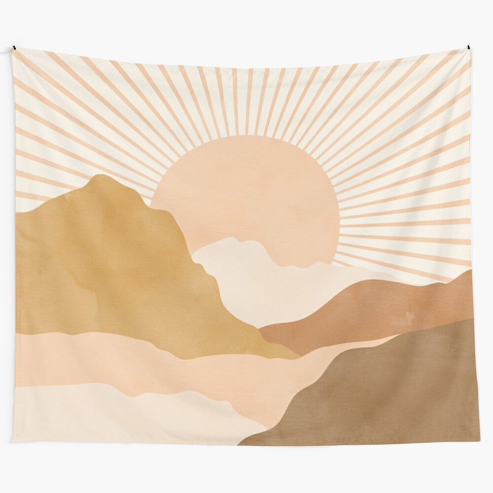 Warm color hills tapestry featuring a scenic mountain landscape with sun rays