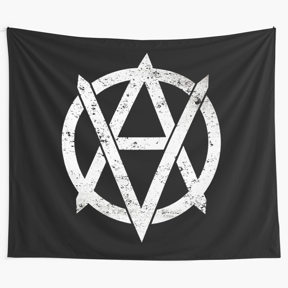 Vegan anarchism tapestry featuring symbols of animal rights and social justice