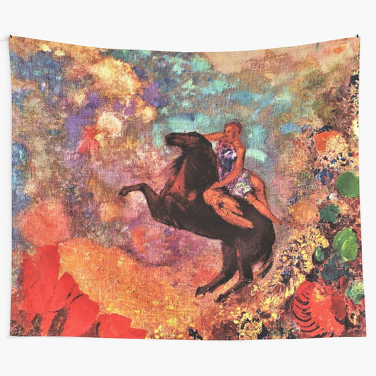 Colorful tapestry featuring a flying horse with a rider against an abstract, celestial background