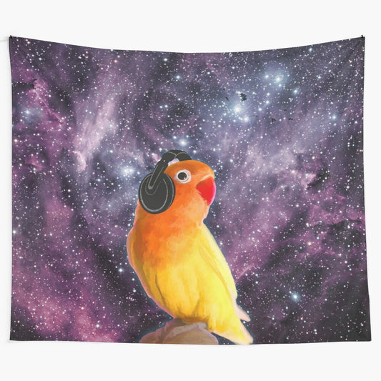 Lovebird listening to music in outer space tapestry