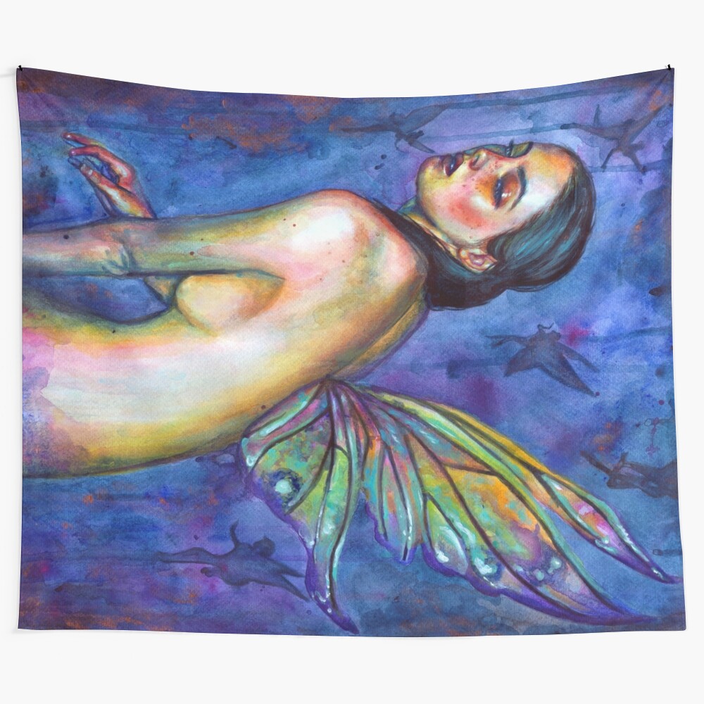 Ethereal fairy tapestry featuring a dreamy, surreal depiction of a female figure with butterfly wings and a rainbow backdrop