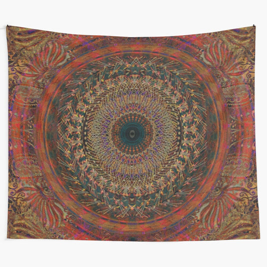 Vibrant mandala tapestry featuring sacred geometry and nature-inspired patterns