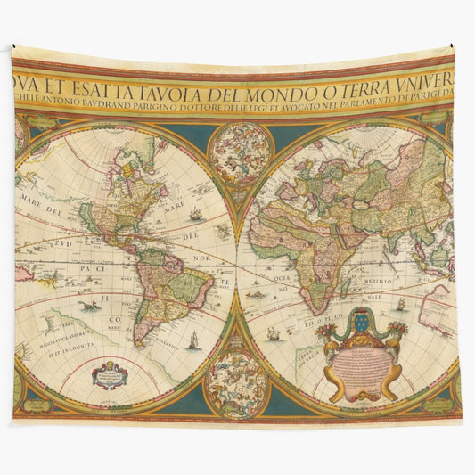 Vintage-inspired world map tapestry featuring historical cartography