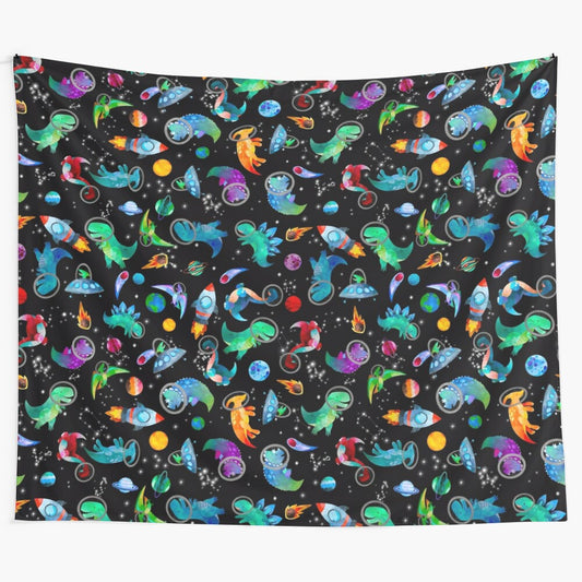 Whimsical watercolor space dinosaurs galaxy pattern tapestry