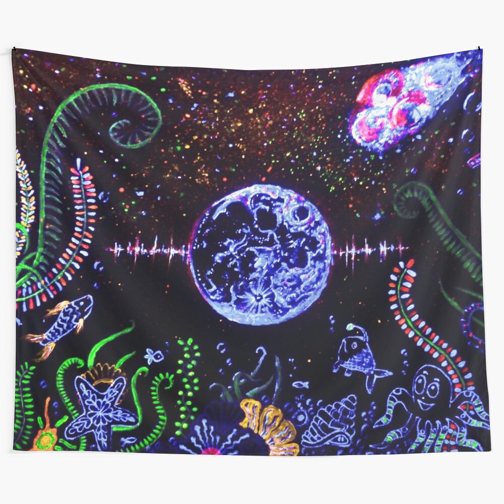 Colorful neon tapestry featuring a psychedelic coralmoon scene with seahorses and fish