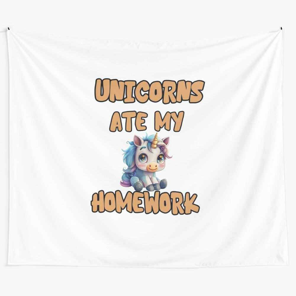 Colorful tapestry featuring a playful unicorn with the text "unicorns ate my homework"