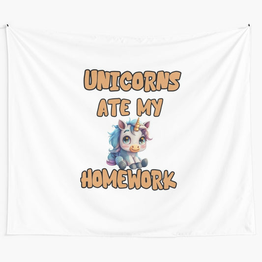 Colorful tapestry featuring a playful unicorn with the text "unicorns ate my homework"